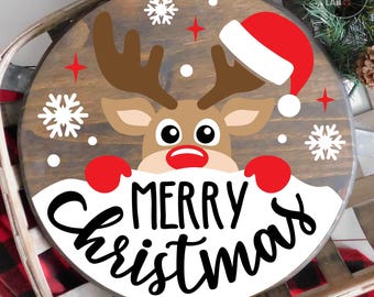 Christmas SVG Laser Cut File, Reindeer Door Hanger SVG, Round Sign Svg, Png, Porch Decor, Glowforge, Silhouette, Cricut, Digital Download