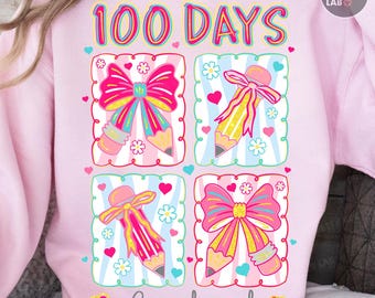 100 Days of School PNG, Coquette Bow Pencil Png, Preppy 100th Day, Teacher Student Shirt Design, Glitter Girly Clipart, Sublimation and DTF
