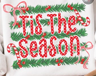 Tis The Season PNG, Preppy Christmas Tree Stripes Png, Coquette Xmas Design, Trendy Polka Dot Holiday Graphic, Sublimation, Digital Download