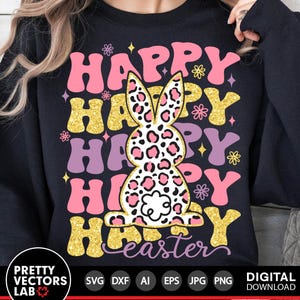 Feliz Pascua SVG, Conejito con estampado de leopardo SVG, Archivos de corte de Pascua, Pascua retro SVG DXF EPS PNG, Conejito con purpurina PNG, Sublimación, Silhouette Cricut
