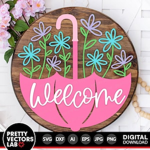Welcome Floral Umbrella Svg, Hello Spring Laser Cut Files, Spring Door Hanger Svg, Round Sign Svg Dxf Eps Png, Glowforge, Cricut, Silhouette