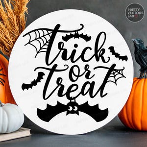 Trick or Treat SVG, Halloween Laser Cut Files, Spooky Sign Svg Png, Door Hanger Svg Png, Halloween Porch Decor, Glowforge Silhouette Cricut image 1