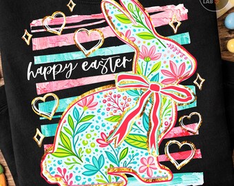 Floral Easter Bunny PNG, Preppy Coquette Happy Easter Png, Spring Glitter Clipart, Retro Trendy Shirt Design, Girls, Sublimation Download