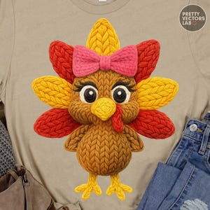 以下が含まれることがあります： ピンクのリボン、黄色、赤、オレンジ色の羽、大きな目を持つ、編み物で作られた七面鳥のデザイン。七面鳥はベージュのTシャツの上にあります。画像には「Pretty Vectors Lab」というテキストが含まれています。