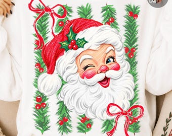 Preppy Santa Claus PNG, Striped Christmas Tree Png, Coquette Xmas Shirt Design, Trendy Holiday Graphic, Sublimation, DTF (Digital Download)