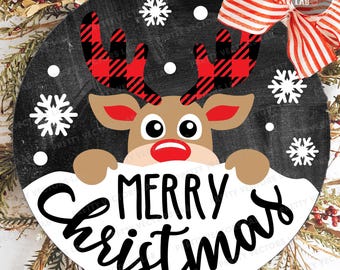 Merry Christmas Svg, Reindeer Welcome Svg, Farmhouse Svg, Round Sign Svg, Holidays Cut File, Funny Winter Svg Dxf Eps Png, Silhouette Cricut