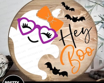 Hey Boo Svg, Halloween gesneden bestanden, Ghost ronde teken Svg Dxf Eps Png, Spooky Svg, deurhanger Svg, Fall Home Decor Clipart, silhouet, Cricut