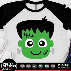 May include: A raglan-style t-shirt with a light gray body and black sleeves. The shirt features a green Frankenstein's monster face graphic. The graphic includes black hair, stitches, and a smiling face. The bottom of the image includes the text "PRETTY VECTORS LAB".