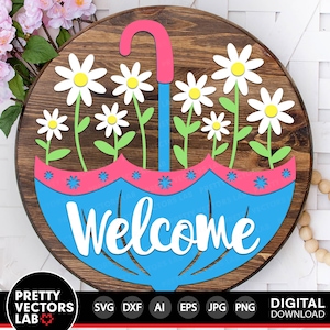 Welcome Spring Umbrella Svg, Spring Laser Cut Files, Floral Door Hanger Svg, Round Sign Svg Dxf Eps Png, Daisy, Glowforge, Cricut Silhouette