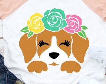Valpansikte Svg, Söt Hund med Blommor Svg, Flicka Svg, Dxf, Eps, Png, Barnklippfiler, Födelsedagssvg, Tassvg, Valp Clipart, Silhuett, Cricut