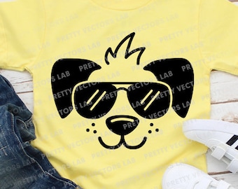 Hundansikte Svg, Söt Valp Svg, Valp med Solglasögon Klippfiler, Pojkar Svg, Dxf, Eps, Png, Djur Clipart, Barnskjorta Design, Silhuett Cricut