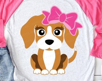Söt hund Svg, valp med rosett Svg, hundansikte Svg Dxf Eps Png, flickor Clipart, husdjur Svg, Beagle Cut-filer, barnskjorta design, silhuett, Cricut