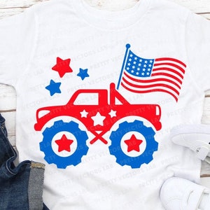 4 luglio in formato SVG, Monster Truck patriottico in formato SVG, Bandiera americana in formato SVG, File di taglio per bambini, USA in formato SVG, DXF, EPS, PNG, Design per maglietta da bambino, Silhouette Cricut