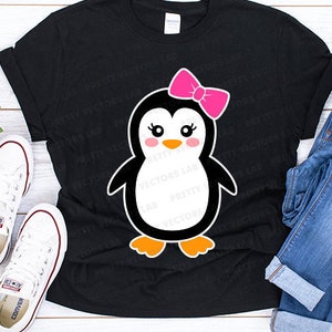 Pingüino SVG, Pingüino con lazo SVG, Archivos de corte para niñas, Pingüino niña SVG DXF EPS PNG, Bebé, Diseño de camiseta para niños, Clipart de invierno, Silueta Cricut