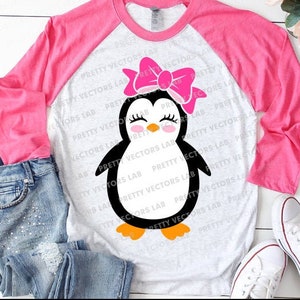 Pingüino SVG, Pingüino niña SVG, Archivos de corte para niños, Pingüino con lazo SVG, DXF, EPS, PNG, Clipart de bebé de invierno, Diseño de camiseta para niños, Silueta Cricut