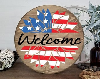 Independence Day Summer 4th of July Door Hanger Round Wood Sign