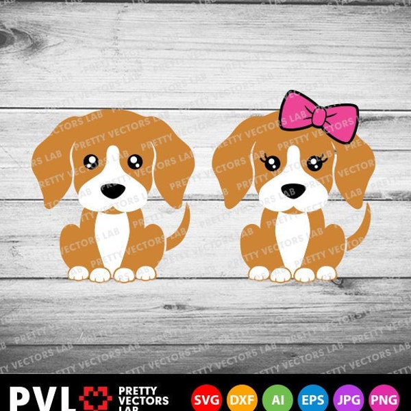 Cute Dogs Svg, Puppy Svg, Girl Boy Dog Svg, Dxf, Eps, Png, Puppy with Bow Clipart, Kids Cut Files, Baby Svg, Pet Svg, Silhouette, Cricut