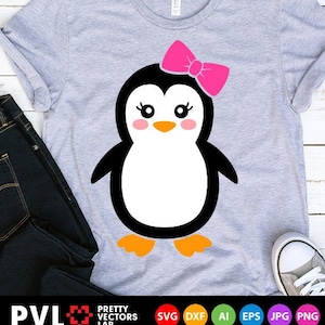 Pingüino SVG, Pingüino lindo SVG, Archivos de corte para niños, Pingüino niña con lazo SVG, DXF, EPS, PNG, Clipart de bebé invierno, Niñas SVG, Silueta, Cricut