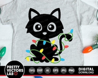 Christmas Cat Svg, Funny Cat Svg, Christmas Lights Cut Files, Funny Holiday Svg Dxf Eps Png, Kids Shirt Design, Baby Svg, Silhouette, Cricut