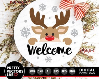 Reindeer Welcome Svg, Christmas Svg, Farmhouse Svg, Round Sign Svg, Holidays Cut Files, Funny Winter Svg, Dxf, Eps, Png, Silhouette, Cricut