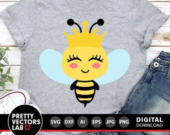 Abeja reina SVG, abeja niña SVG, archivos de corte para niñas, abeja linda SVG, DXF, EPS, PNG, diseño de camiseta de cumpleaños para niña, clipart de abejorro, silueta de Cricut