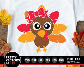 Pavo niña SVG, Acción de Gracias SVG, Bebé SVG, DXF, EPS, PNG, Archivos de corte para niños, Diseño de camiseta para niñas, Otoño SVG, Clipart de otoño, Silueta, Cricut