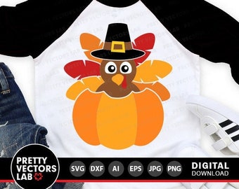 Thanksgiving Turkey Svg, Turkey with Pilgrim Hat Svg, Pumpkin Svg, Dxf, Eps, Png, Kids Cut Files, Baby Svg, Fall Clipart, Silhouette, Cricut