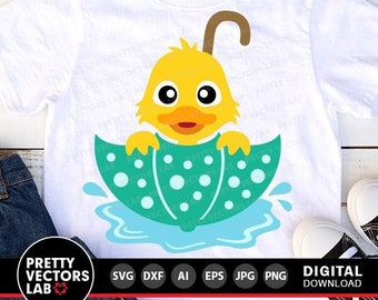Pato SVG, Arquivos de Corte de Pato com Guarda-chuva, Primavera SVG DXF EPS PNG, Abril SVG, Design de Camiseta Infantil, Clipart de Bebê, Sublimação, Silhueta, Cricut