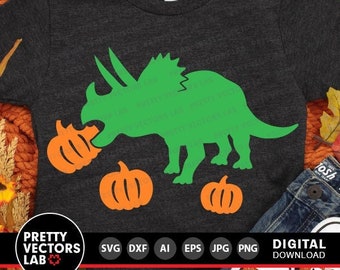 Dinosaur with Pumpkin Svg, Triceratops Svg, Thanksgiving Svg, Dxf, Eps, Png, Fall Cut Files, Kids Shirt Design, Halloween, Silhouette Cricut