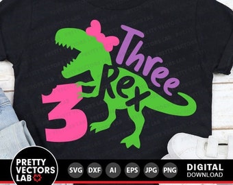 Girl Three Rex Svg, 3rd Birthday Svg, Girls T-Rex Svg, Dinosaur Birthday Svg Dxf Eps Png, Third Birthday Cut Files, Kids, Silhouette, Cricut