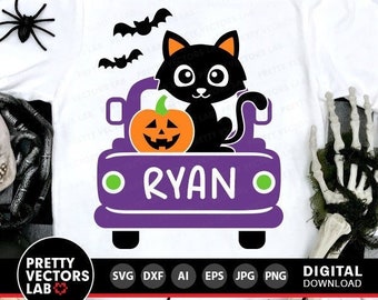 Halloween Truck Svg, Black Cat with Pumpkin Svg, Vintage Truck Back Svg, Dxf, Eps, Png, Halloween Cut Files, Kids Clipart, Silhouette Cricut