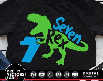 Sieben Rex-Svg, Jungen-7. Geburtstag-Svg, Dinosaurier-Geburtstags-Svg, Dxf, Eps, Png, siebte Geburtstag Schnittdateien, T-Rex Shirt Design, Silhouette Cricut