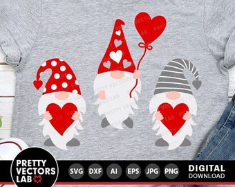 Three Gnomes Holding Hearts Svg, Valentine's Day Cut Files, Gnomes Svg Dxf Eps Png, Valentine Clipart, Girls Shirt Design, Silhouette Cricut
