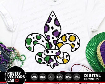 May include: A white t-shirt with a black and white fleur-de-lis design. The fleur-de-lis is decorated with purple, green, and yellow leopard print patterns. The text "Pretty Vectors Lab" is at the bottom of the image.