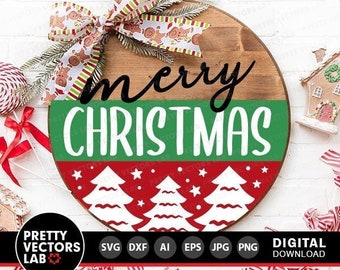 Merry Christmas Svg, Christmas Tree Svg, Welcome Round Sign Svg, Farmhouse Svg, Holiday Cut Files, Winter Svg Dxf Eps Png, Silhouette Cricut