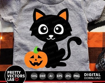 Cute Black Cat Svg, Halloween Svg, Cat with Pumpkin Svg, Dxf, Eps, Png, Fall Cut Files, Kids, Monogram Svg, Baby Clipart, Silhouette, Cricut