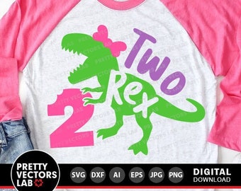 Girl Two Rex Svg, 2nd Birthday Svg, Girls T-Rex Svg, Dinosaur Birthday Svg Dxf Eps Png, Second Birthday Cut Files, Kids, Silhouette, Cricut