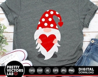May include: A gray t-shirt with a red and white polka dot gnome holding a red heart. The gnome has a white beard and a red hat with a white heart on the side. The text "PRETTY VECTORS LAB" is at the bottom of the image.