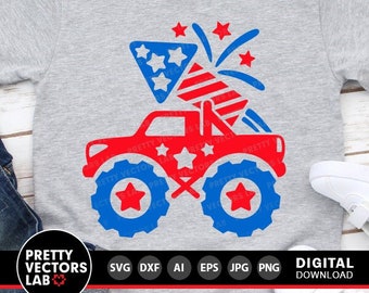 4th of July Svg, Patriotic Monster Truck Svg, Kids Cut Files, USA Svg Dxf Eps Png, Boys Shirt Design, Fireworks Clipart, Silhouette, Cricut