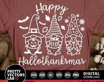 May include: A maroon t-shirt with a white design featuring three gnomes. The gnomes are wearing hats and holding a pumpkin, a gingerbread man, and a jack-o-lantern. The text "Happy Hallothanksmas" is written below the gnomes.