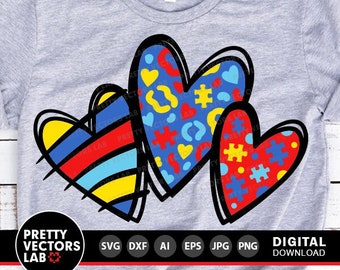 Autism Hearts Svg, Autism Cut File, Puzzle Heart Svg, Autism Awareness Svg Dxf Eps Png, Puzzle Piece Clipart, Sublimation, Silhouette Cricut