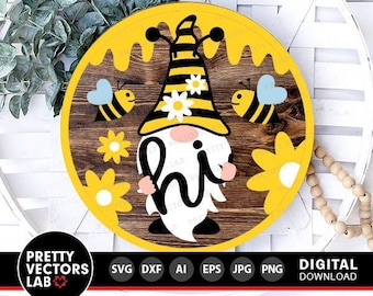 Bee Gnome Svg, Spring Gnome Cut File, Summer Svg Dxf Eps Png, Door Hanger Svg, Round Sign Svg, Farmhouse Svg, Honey Svg, Silhouette, Cricut