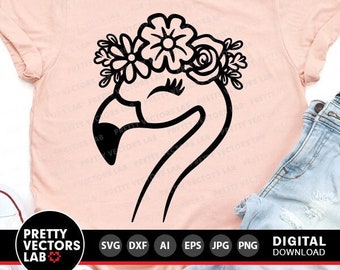 Flamingo Svg, Flamingo Face Cut Files, Summer Svg, Dxf, Eps, Png, Floral Crown Svg, Beach Clipart, Girls Shirt Design, Cricut, Silhouette