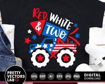 Red White and Two Svg, 4th of July Cut Ffiles, 2nd Birthday Svg Dxf Eps Png, Patriotic Monster Truck Svg, Kids Shirt Svg, Silhouette, Cricut