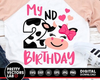 Krowa SVG, Moje 2. Urodziny SVG, Pliki do cięcia drugich urodzin, Dziewczyny, 2. Urodziny Dzieci SVG Dxf Eps Png, Farma SVG, Clipart dla Dzieci, Sylwetka Cricut