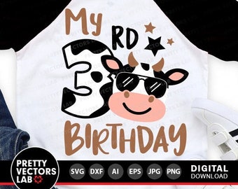 Cow Svg, My 3rd Birthday Svg, Three Birthday Cut File, Kids, 3rd Birthday Svg Dxf Eps Png, Farm Svg, Boys, Baby Clipart, Cricut, Silhouette