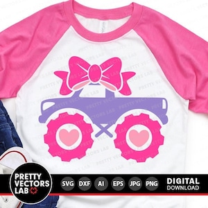 Caminhão monstro feminino SVG, Caminhão monstro com laço SVG, Arquivos de corte femininos, Festa de aniversário SVG DXF EPS PNG, Clipart engraçado de caminhão, Silhueta, Cricut