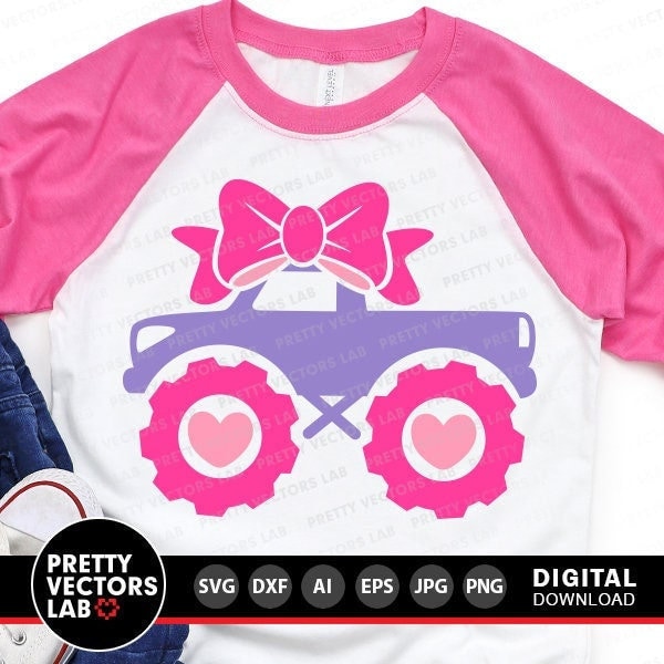 Girl Monster Truck Svg, Monster Truck with Bow Svg, Girls Cut Files, Birthday Party Svg Dxf Eps Png, Funny Truck Clipart, Silhouette, Cricut