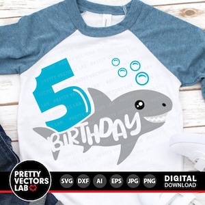 Requin 5e anniversaire Svg, Svg anniversaire garçon, Dxf, Eps, Png, fichier coupe cinquième anniversaire, cinq ans garçons Svg, conception de chemise requin, Silhouette Cricut