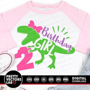 Dinosaurio cumpleaños niña SVG, Dos Rex SVG, Segundo cumpleaños SVG DXF EPS PNG, Archivo de corte de segundo cumpleaños, Diseño de camiseta de T-Rex, Niños, Silueta Cricut